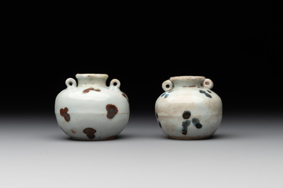 Five Chinese russet-splashed Longquan celadon jarlets, Song/Yuan