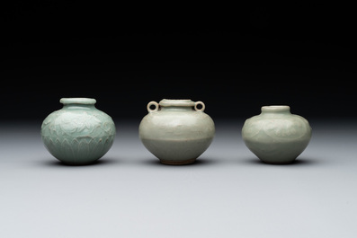 Six Chinese Longquan celadon jarlets with incised floral design, Yuan/Ming