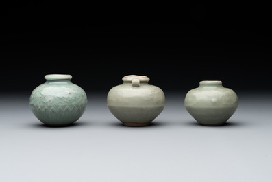 Six Chinese Longquan celadon jarlets with incised floral design, Yuan/Ming