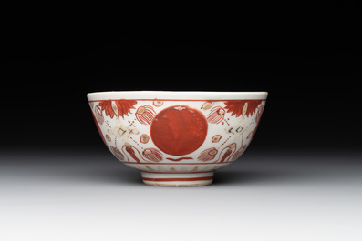 A Chinese iron-red, blue and white 'kinrande' bowl for the Japanese market, Ming
