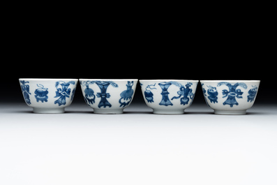 Seven Chinese blue and white cups and six saucers, Kangxi/Yongzheng