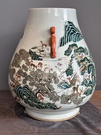 A large Chinese famille rose '100 deer' 'hu' vase, Qianlong mark, 19th C.