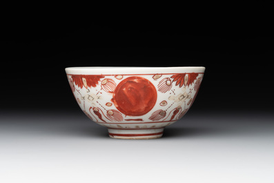 A Chinese iron-red, blue and white 'kinrande' bowl for the Japanese market, Ming