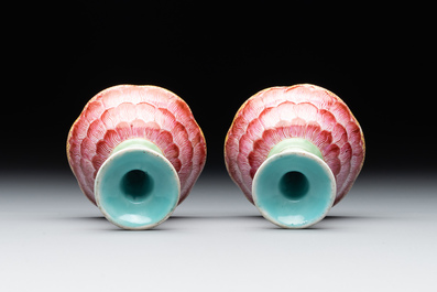 A pair of rare Chinese famille rose lotus-shaped stem cups, Yongzheng