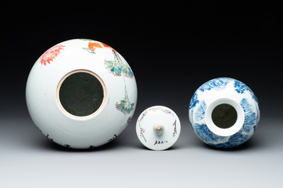 A collection of six Chinese blue and white, famille rose and verte wares, Kangxi and Tongzhi mark, 19/20th C.