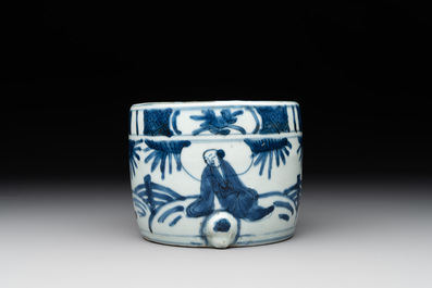 A Chinese blue and white 'kraak' porcelain censer with figures in a landscape, Wanli