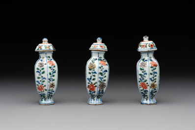 A rare Chinese famille verte garniture of five miniature vases with floral design, Kangxi