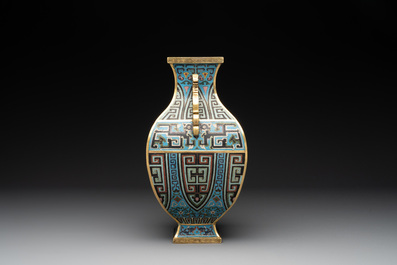 A Chinese cloisonn&eacute; square archaic-style vase, Qianlong and Ren mark, 19/20th C.