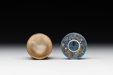 A Chinese enamelled silver bowl, a box and an opium container, 19th C.
