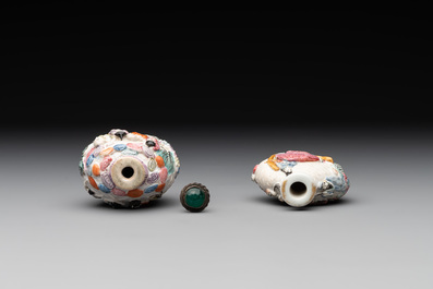 Two Chinese famille rose molded snuff bottles with figural design, Qianlong mark, 19th C.