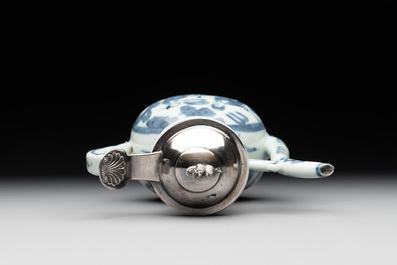 A Chinese silver-mounted blue and white ewer with figures in a landscape, Ming