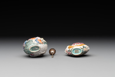 Two Chinese famille rose molded snuff bottles with figural design, Qianlong mark, 19th C.