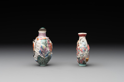 Two Chinese famille rose molded snuff bottles with figural design, Qianlong mark, 19th C.