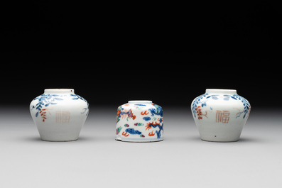 Seven Chinese blue, white and doucai vases, Wanli/Yongzheng/Qianlong mark, 19th C.