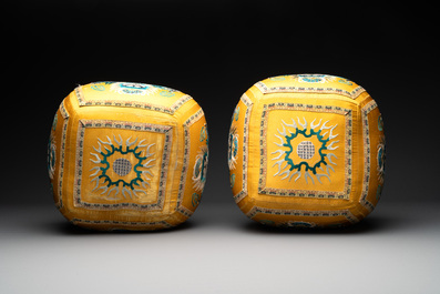 A pair of Chinese yellow-ground embroidered silk 'dragon' cushions, 19th C.