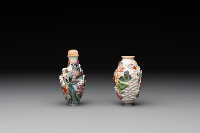 Two Chinese famille rose molded snuff bottles with figural design, Qianlong mark, 19th C.
