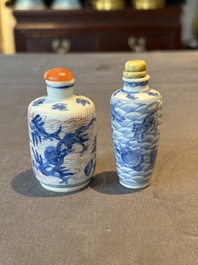Two Chinese blue, white and copper-red 'mythical animals' snuff bottles, Qianlong mark and of the period