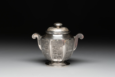 Two Vietnamese silver teapots and a sugar bowl and cover, marked Donghung, ca. 1900