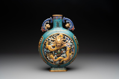 A Chinese cloisonn&eacute; 'dragon and phoenix' moonflask vase, 'bianhu', 19/20th C