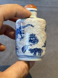 Two Chinese blue, white and copper-red 'mythical animals' snuff bottles, Qianlong mark and of the period