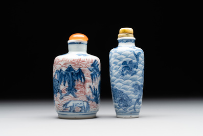 Two Chinese blue, white and copper-red 'mythical animals' snuff bottles, Qianlong mark and of the period