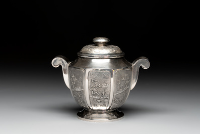 Two Vietnamese silver teapots and a sugar bowl and cover, marked Donghung, ca. 1900