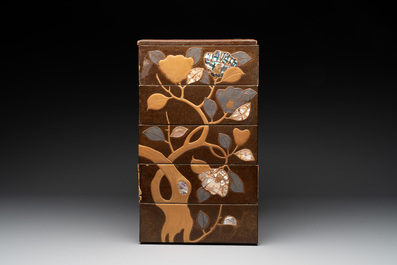 A Japanese mother-of-pearl-inlaid lacquer five-tier stacking box with two covers and a tray, 19/20th C.