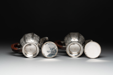 Two Vietnamese silver teapots and a sugar bowl and cover, marked Donghung, ca. 1900