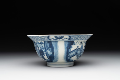 A Chinese blue and white 'klapmuts' bowl with figural design, Kangxi