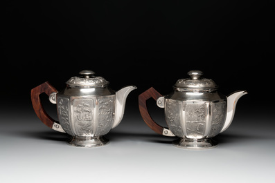 Two Vietnamese silver teapots and a sugar bowl and cover, marked Donghung, ca. 1900