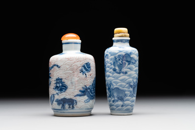 Two Chinese blue, white and copper-red 'mythical animals' snuff bottles, Qianlong mark and of the period