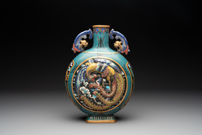 A Chinese cloisonn&eacute; 'dragon and phoenix' moonflask vase, 'bianhu', 19/20th C