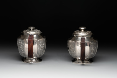 Two Vietnamese silver teapots and a sugar bowl and cover, marked Donghung, ca. 1900