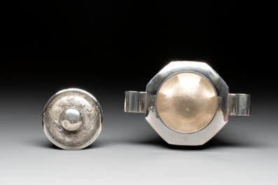 Two Vietnamese silver teapots and a sugar bowl and cover, marked Donghung, ca. 1900