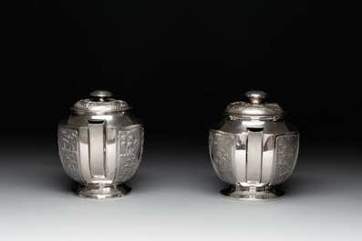 Two Vietnamese silver teapots and a sugar bowl and cover, marked Donghung, ca. 1900