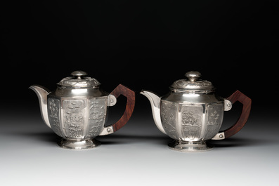 Two Vietnamese silver teapots and a sugar bowl and cover, marked Donghung, ca. 1900