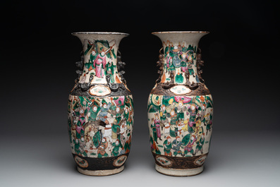 Seven various Chinese Nanking blue and white, famille rose and verte crackle-glazed vases, 19th C.