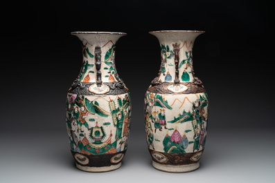 Seven various Chinese Nanking blue and white, famille rose and verte crackle-glazed vases, 19th C.