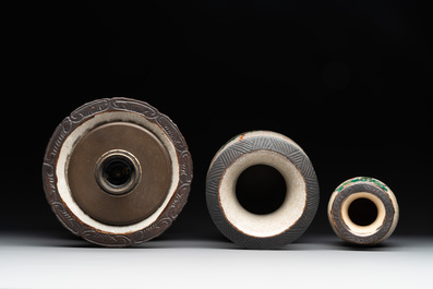 Seven various Chinese Nanking blue and white, famille rose and verte crackle-glazed vases, 19th C.
