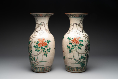 A pair of Chinese Nanking famille verte crackle-glazed vases, a famille rose vase and a celadon-ground blue and white vase, Chenghua mark, 19th C.