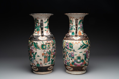 Seven various Chinese Nanking blue and white, famille rose and verte crackle-glazed vases, 19th C.