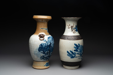 Seven various Chinese Nanking blue and white, famille rose and verte crackle-glazed vases, 19th C.