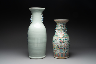 A pair of Chinese Nanking famille verte crackle-glazed vases, a famille rose vase and a celadon-ground blue and white vase, Chenghua mark, 19th C.