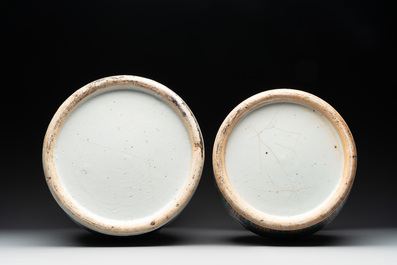 A pair of Chinese Nanking famille verte crackle-glazed vases, a famille rose vase and a celadon-ground blue and white vase, Chenghua mark, 19th C.