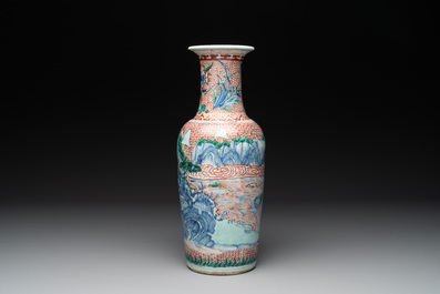 A Chinese wucai 'mountainous landscape' vase, Transitional period