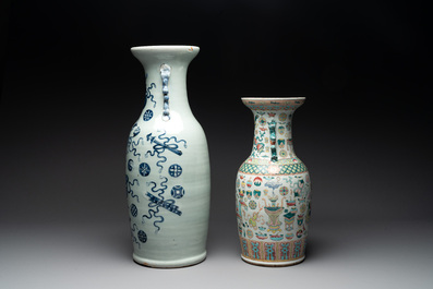 A pair of Chinese Nanking famille verte crackle-glazed vases, a famille rose vase and a celadon-ground blue and white vase, Chenghua mark, 19th C.