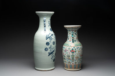A pair of Chinese Nanking famille verte crackle-glazed vases, a famille rose vase and a celadon-ground blue and white vase, Chenghua mark, 19th C.