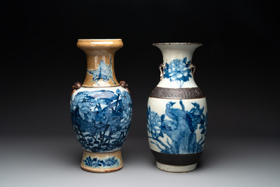 Seven various Chinese Nanking blue and white, famille rose and verte crackle-glazed vases, 19th C.