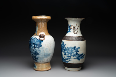 Seven various Chinese Nanking blue and white, famille rose and verte crackle-glazed vases, 19th C.