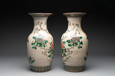 A pair of Chinese Nanking famille verte crackle-glazed vases, a famille rose vase and a celadon-ground blue and white vase, Chenghua mark, 19th C.